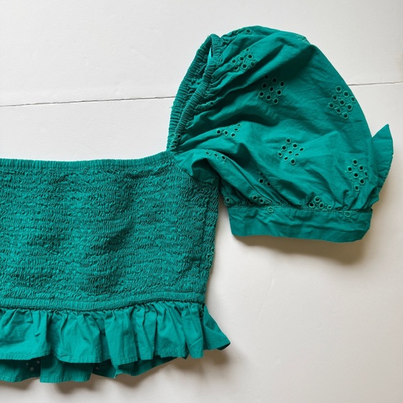 Zara Smocked Cropped Top Eyelet Ruffle Trim Green Puff Sleeve Boho Square Sz XS - Picture 13 of 14